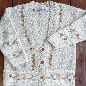 Hand Embroidered Floral Cottagecore Cardigan Wool Blend  Small  Praire Neutral